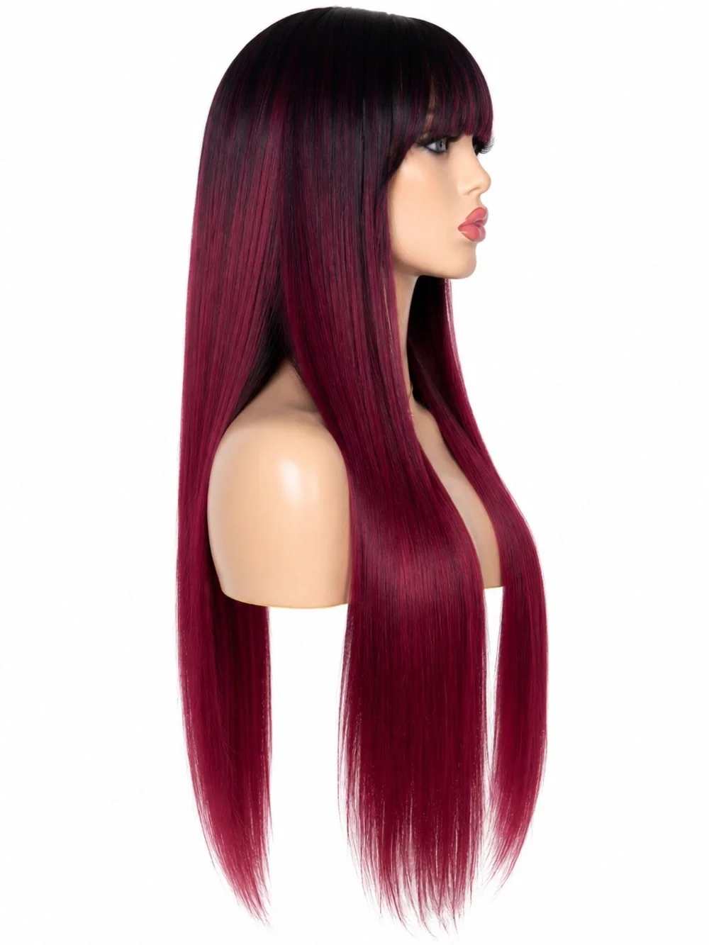 Long Straight Wig with Blunt Bangs - Burgundy Ombre 26 inches long